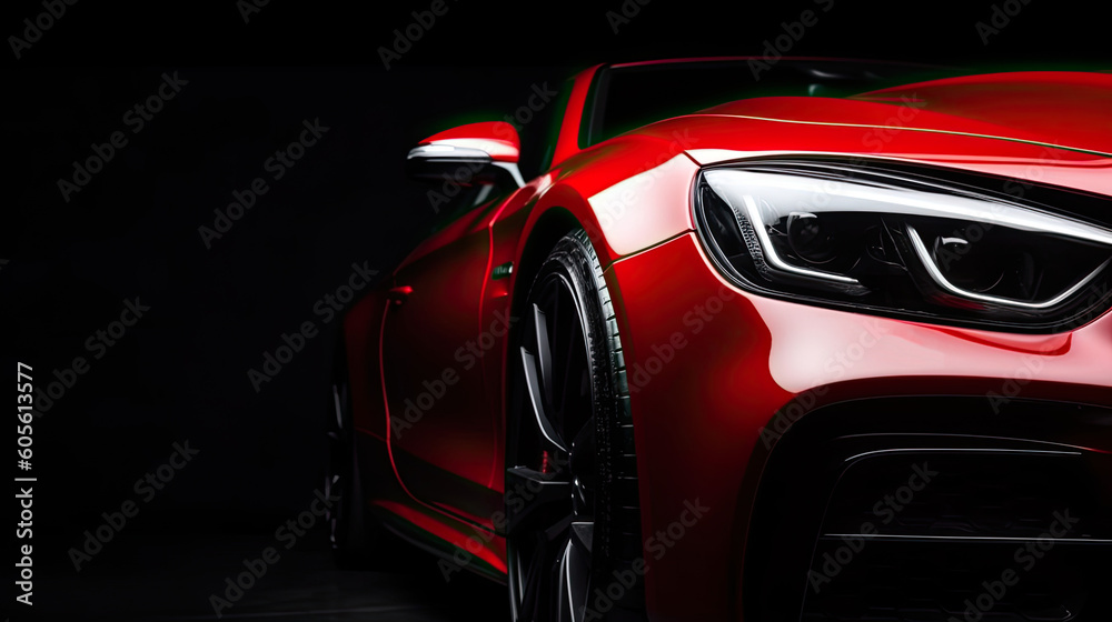 Close up red luxury car on black background with copy space	