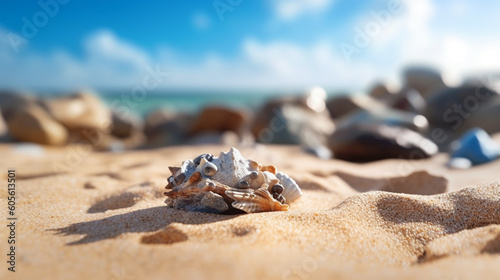 A seashell on a beach with a blue sky in the background