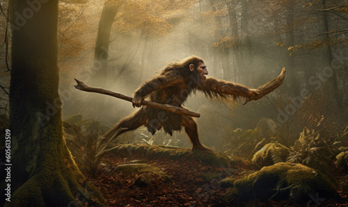 Neanderthal, an archaic human, hunting in a dense, prehistoric mystic forest. The powerful figure is captured mid-stride, brandishing a spear with expert precision. Generative AI photo