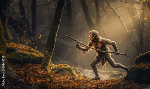Photo of Neanderthal (archaic human) hunting in a dense, prehistoric forest. The powerful figure is captured mid-stride, brandishing a spear with expert precision. Generative AI