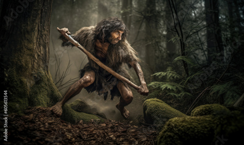 Neanderthal, an archaic human, hunting in a dense, prehistoric mystic forest. The powerful figure is captured mid-stride, brandishing a spear with expert precision. Generative AI