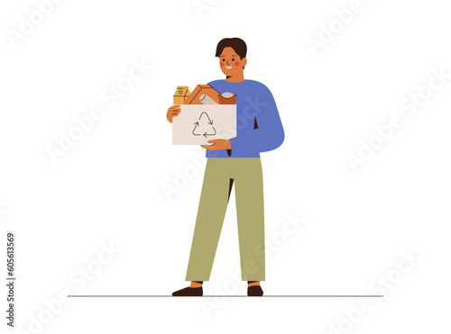 Man sorting paper and carton garbage. Male character holds cardboard food boxes for utilization and recycling. Separation trash concept. Sustainable lifestyle and eco friendly habits. Vector