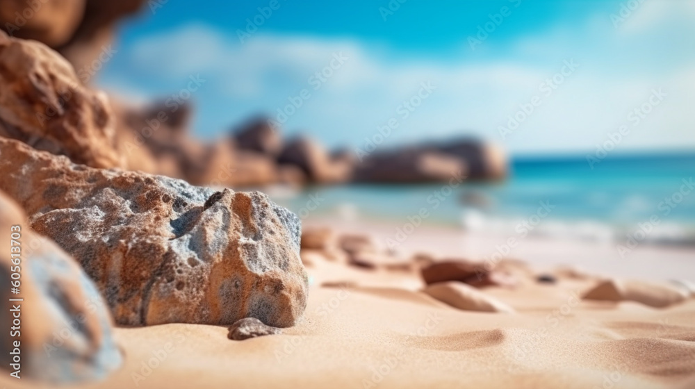 A seashell on a beach with a blue sky in the background