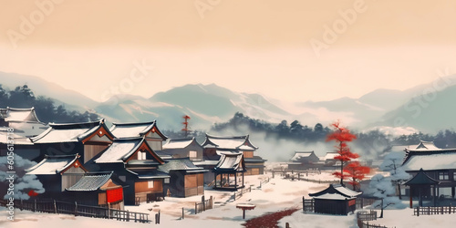 Minimalistic japanese village concept. Traditional scenic landscape. Generative AI