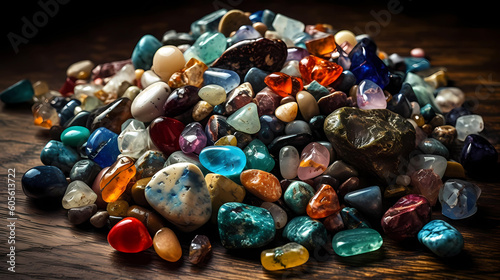 Pile of Gemstones on a Wooden Surface