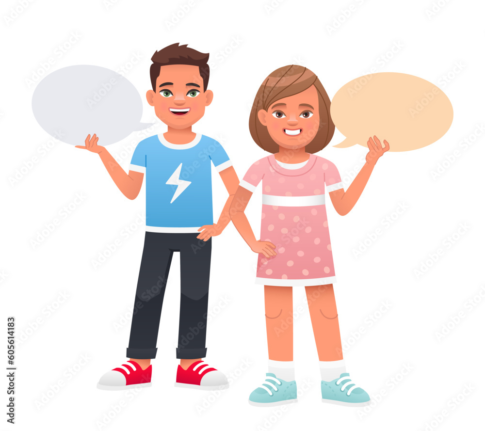 A little boy and a girl are holding empty speech bubbles in their hands. The concept of children's opinion. Boys' and women's questions. Vector illustration