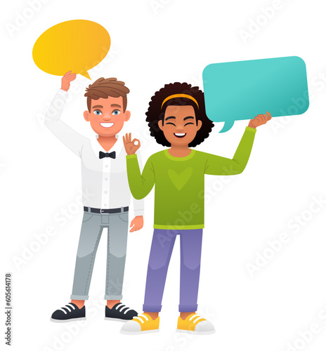 A little boy and a black girl are holding empty speech bubbles in their hands. The concept of children's opinion. Boys' and girls' questions. Vector illustration