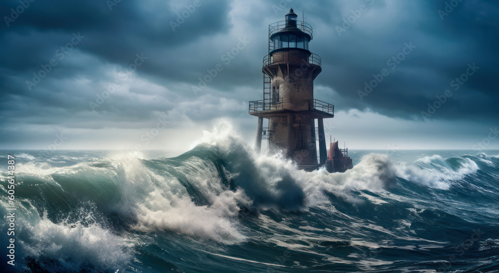 Stormy high waves over the lighthouse on a cloudy day. Generative AI
