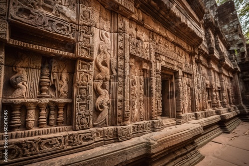 close-up of ancient ruin wall with intricate carvings, created with generative ai