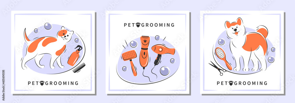Cartoon character dogs and cat  with different tools for animal hair grooming. Pet grooming. Set of design for pet care salon. Vector illustration