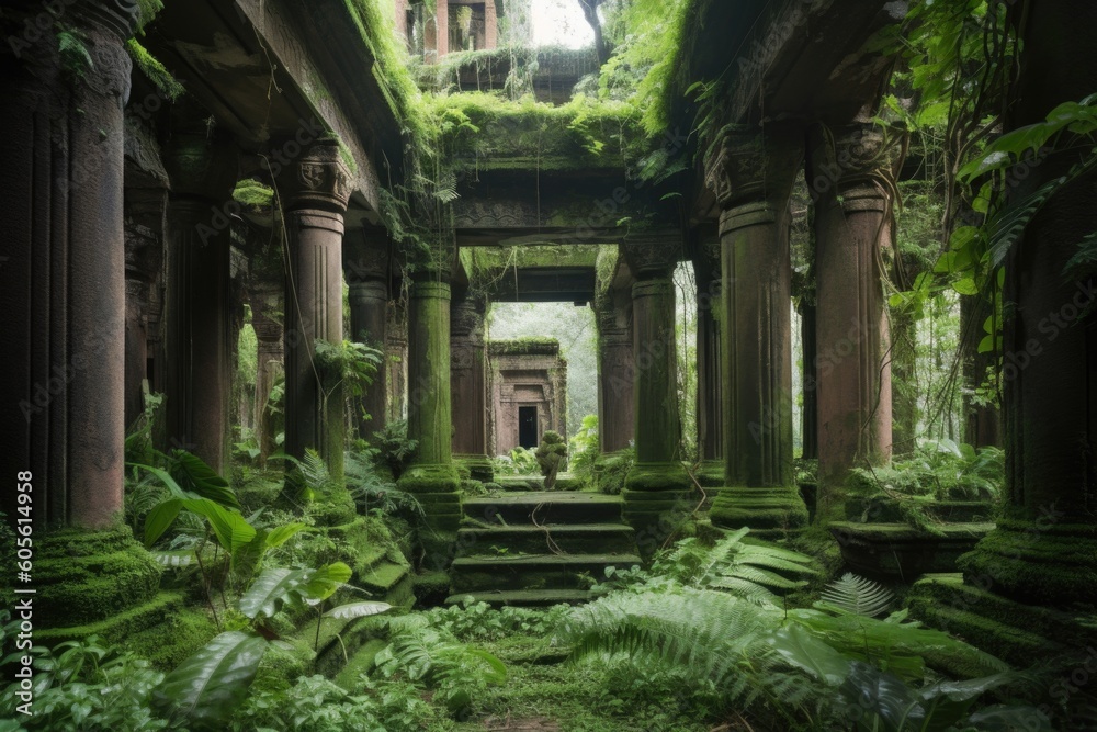 ruins with towering columns and intricate carvings, surrounded by lush greenery, created with generative ai