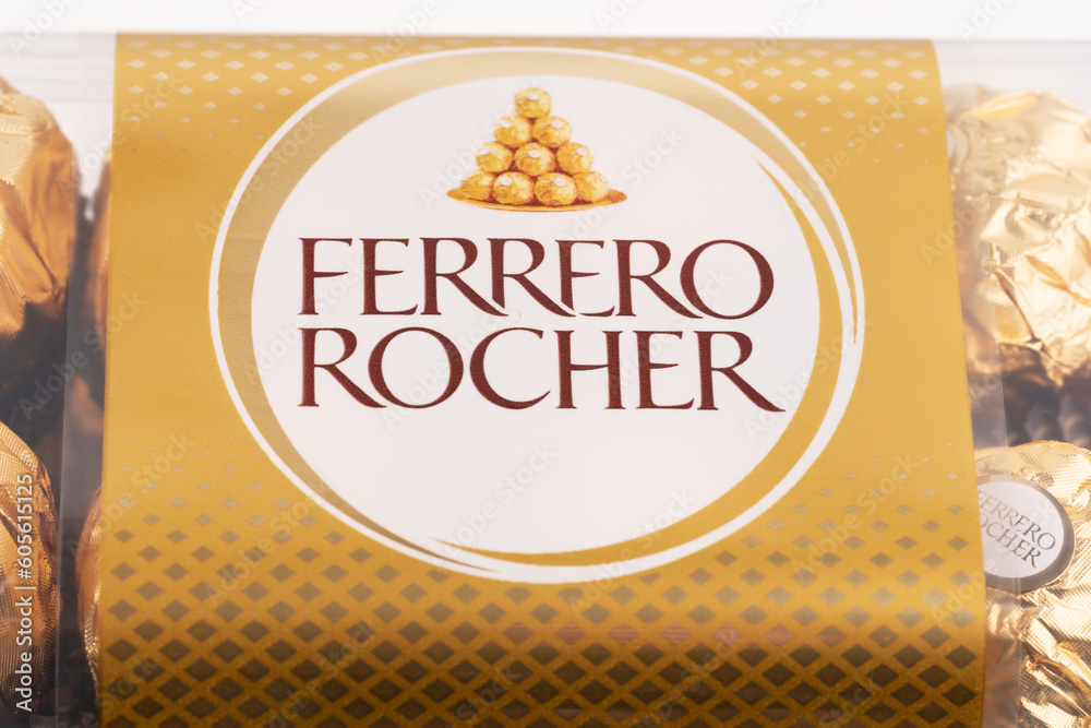 Dnipro. Ukraine 05.03.2023 Ferrero Rocher chocolate and hazelnut