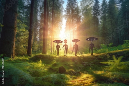 group of aliens enjoying nature walk in lush forest  with stunning backdrop of the sun setting behind them  created with generative ai