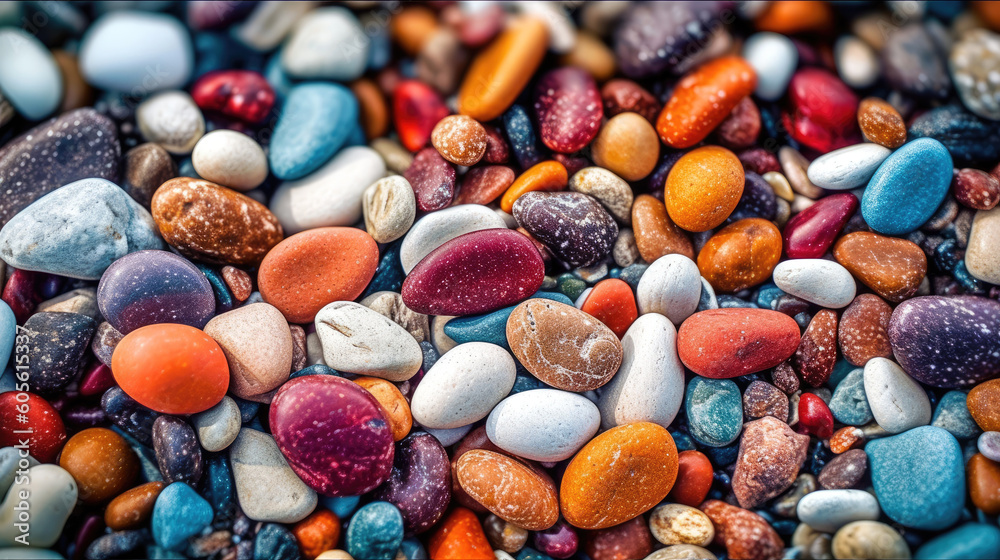 Intricate textures and colors of pebbles on a beach in vibrant colors. Generative AI Intricate textures and colors of pebbles on a beach in vibrant colors. Generative AI