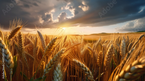 Wheat field with a sunset in the background