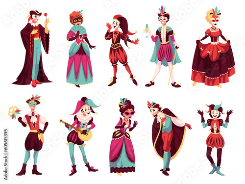 People in carnival costumes. Cartoon venice masquerade characters, adult party, renaissance persons, mardi gras festival, men and women on performance. Cartoon flat isolated tidy vector set