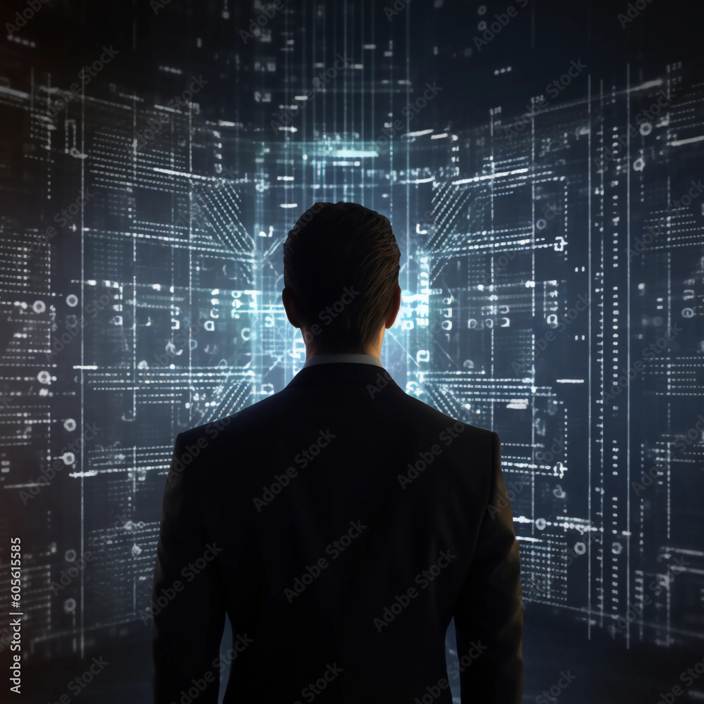 Inquisitive Businessman Engages in Thoughtful Examination of Intricate Binary and Virtual Structures, Created by Generative AI Inquisitive Businessman Engages in Thoughtful Examination of Intricate Binary and Virtual Structures, Created by Generative AI