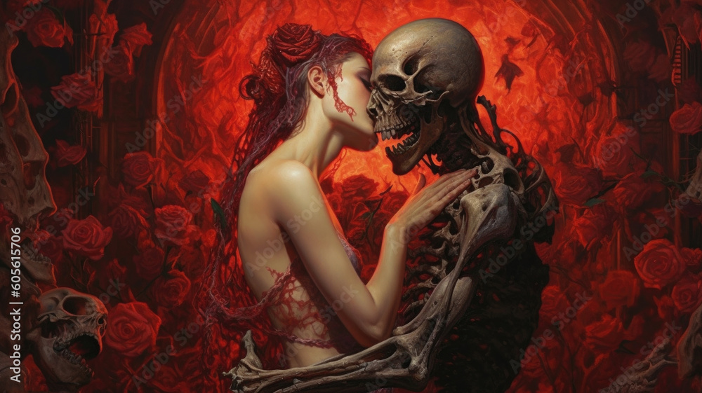 If Love Was a Sin: Passionate Embrace Between Woman and Skeleton. Generative AI