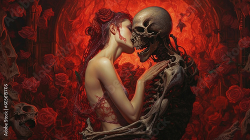 If Love Was a Sin: Passionate Embrace Between Woman and Skeleton. Generative AI