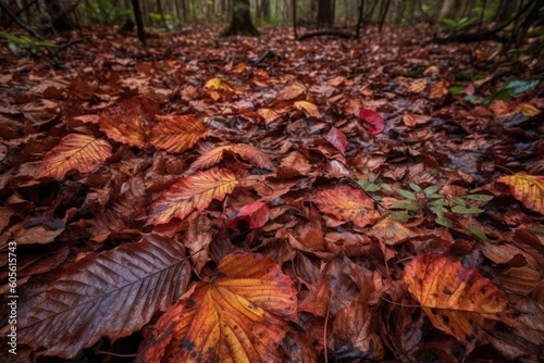 close-up of fallen leaves on the forest floor, created with generative ai