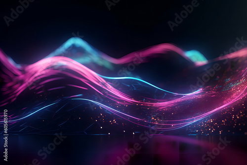 Abstract futuristic background with pink blue glowing neon moving high-speed wave lines.