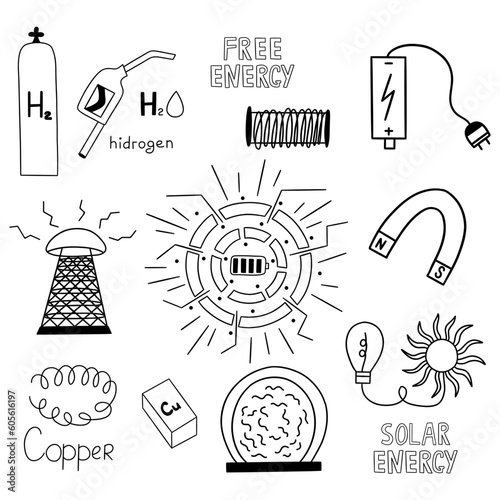 Set of elements on theme of free energy, high technology, solar energy, hydrogen and copper. Alternative and innovation. Black and white vector isolated illustration hand drawn doodle
