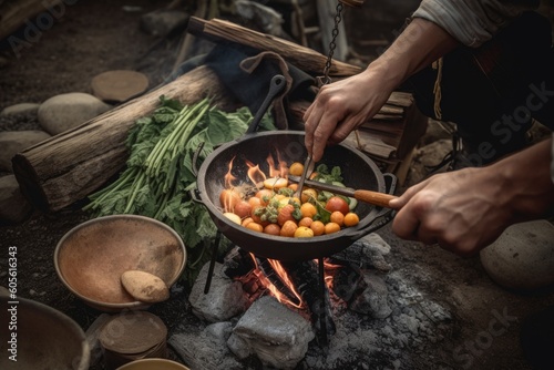 campfire cook preparing a simple and delicious meal with fresh ingredients, created with generative ai