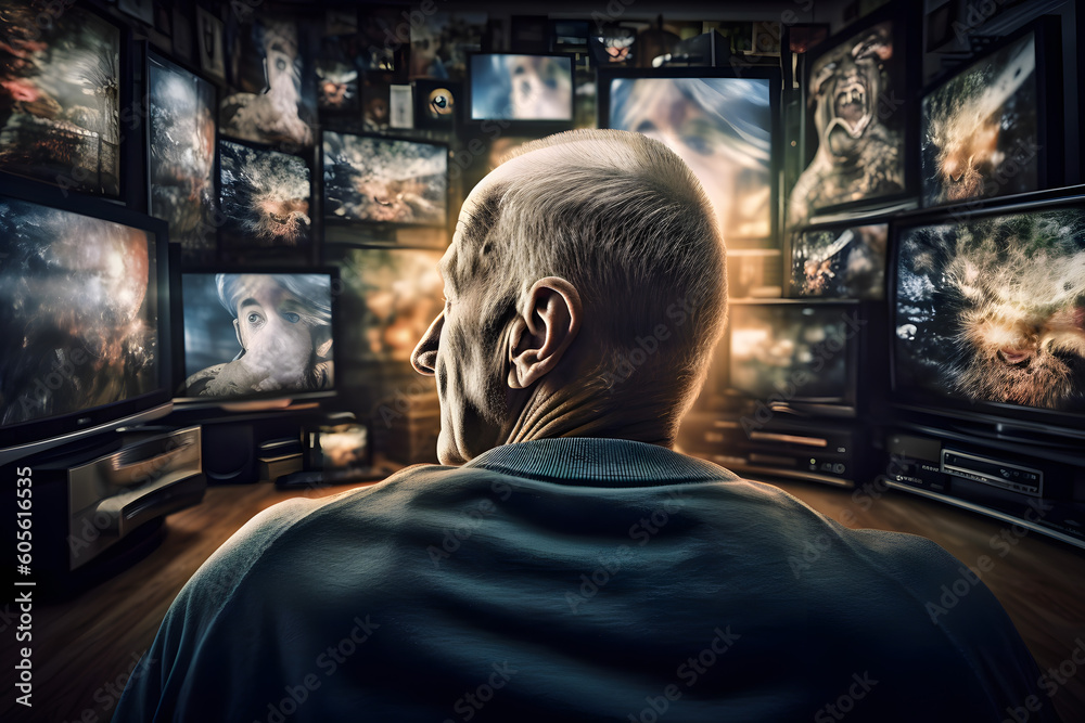 Man watching tv is hypnotized, information attack, mind and consciousness control. Generative AI.