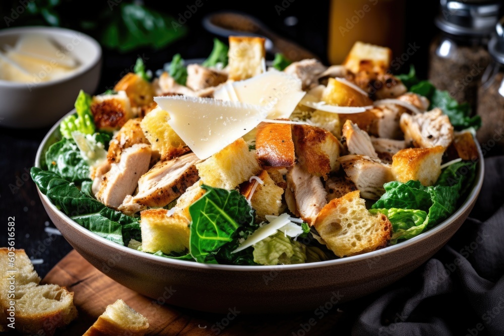 a bowl of chicken caesar salad, with juicy grilled or baked chicken and crunchy croutons, created with generative ai a bowl of chicken caesar salad, with juicy grilled or baked chicken and crunchy croutons, created with generative ai