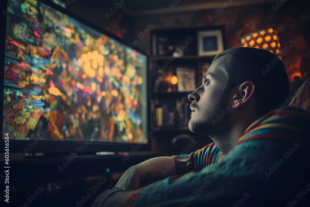 Man watching tv is hypnotized, information attack, mind and consciousness control. Generative AI.