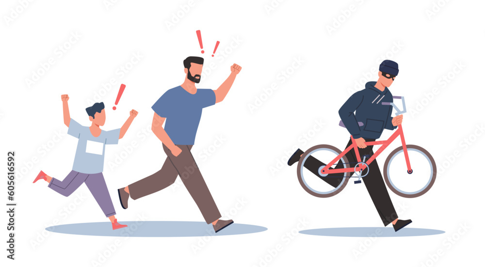 Perpetrator steals childs bicycle, thief runs away with stolen goods from father and son. man carrying vehicle, Criminal scene, bike theft, law break cartoon flat isolated vector crime concept