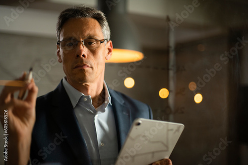 Portrait of successful businessman in office. Man writing on the glass board in office