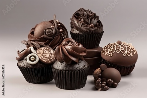 set of beautiful and intricate chocolate cupcakes with elegant swirls, bows, and decorations, created with generative ai