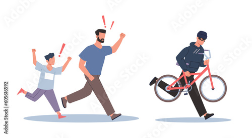 Perpetrator steals childs bicycle, thief runs away with stolen goods from father and son. man carrying vehicle, Criminal scene, bike theft, law break cartoon flat isolated vector crime concept