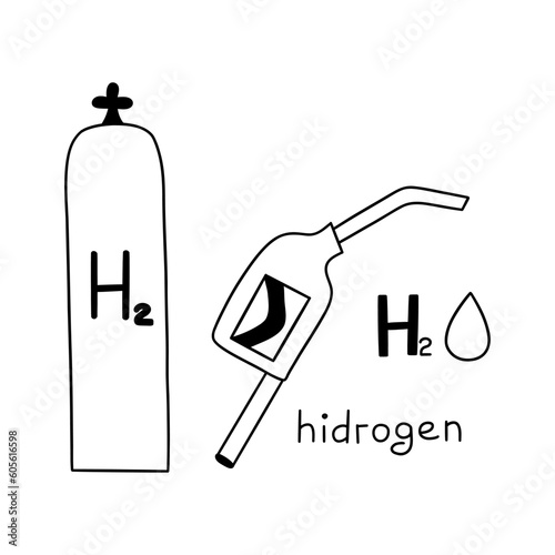 Hydrogen. Tank with hydrogen fuel for refueling. Safe, environmentally friendly alternative. Renewable energy, technology of the future. Vector black and white isolated illustration hand drawn doodle