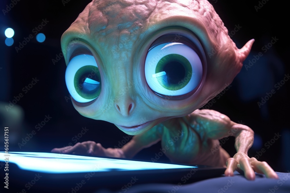 Fototapeta premium close-up of alien with large eyes, playing game on tablet, created with generative ai
