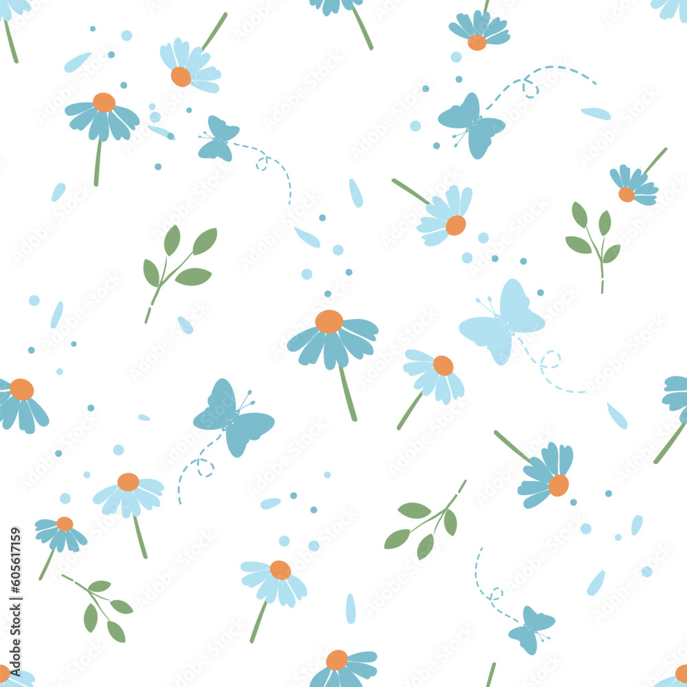 Seamless botanical pattern with cute blue flower, green leaves and butterfly cartoons on white background vector illustration. Cute floral print. Seamless botanical pattern with cute blue flower, green leaves and butterfly cartoons on white background vector illustration. Cute floral print.