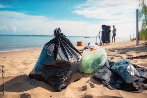 beach cleanup with bin and trash bags for the safe disposal of collected debris, created with generative ai © Natalia