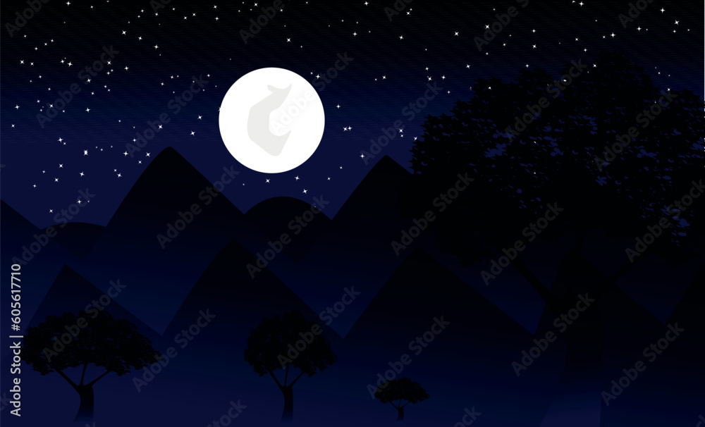 Vector flat illustration of a panoramic night mountain landscape with a wood under the sky with moon and stars ,
