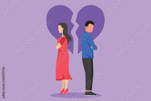 Cartoon flat style drawing unhappy young couple standing arms crossed. Family conflict. Break up relationship. Married man and woman angry, sad against broken heart. Graphic design vector illustration