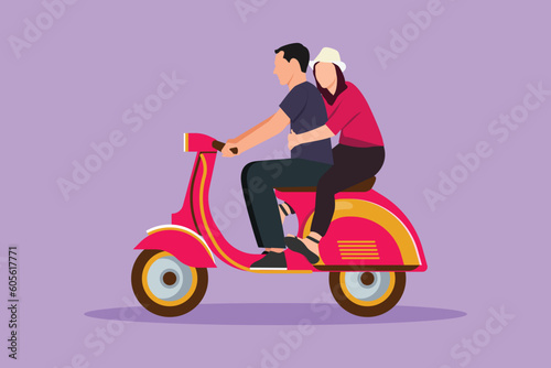 Character flat drawing of romantic couple riding motorcycle. Man driving scooter and woman passenger while hugging. Driving around city in the evening. Drive safely. Cartoon design vector illustration