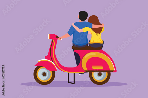 Character flat drawing back view of riders couple trip travel relax. Romantic couple honeymoon moments with hugging. Cute man with woman riding scooter motorcycle. Cartoon design vector illustration