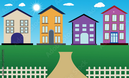 Stylish modern house facades design with the city background. Colorful buildings. Flat style vector illustration. blue sky.