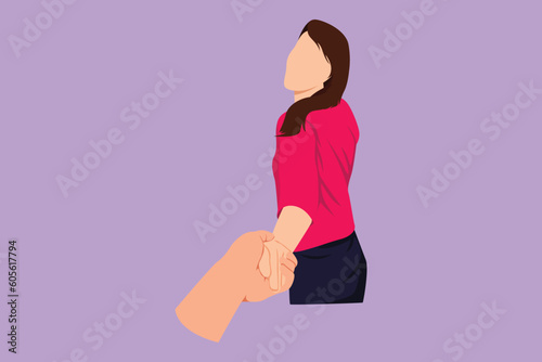 Character flat drawing woman walking on romantic honeymoon promenade holiday holding hand of husband following her, view from behind. Couple summer vacation travel. Cartoon design vector illustration