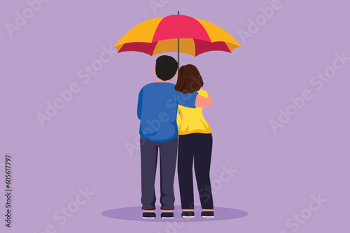 Graphic flat design drawing back view lovers couple in rain. Cute couple in love walking under rain with umbrella. Happy man and woman are walking along city street. Cartoon style vector illustration