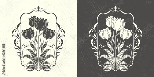 Frame with a tulip in the style of Art Nouveau. Beautiful vintage tulip floral composition 1920-1930 years.