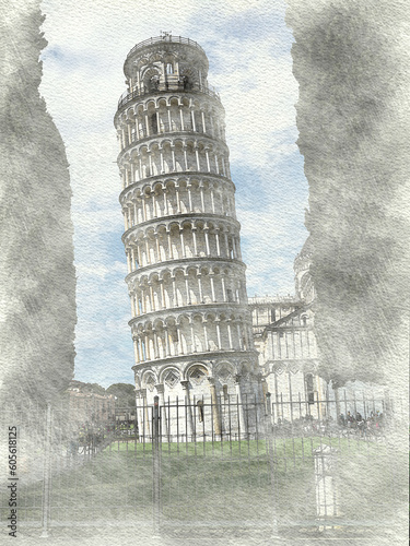 Watercolor of an architecture in Pisa in Italy