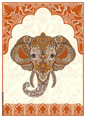 Elephant head in arch historical style. Sacred animal of Mughal and India. Hand drawn design in linear style.
