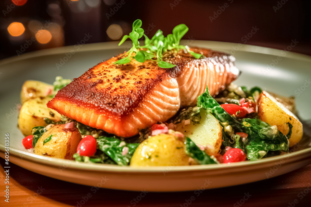 Seared salmon steak with fried potatoes and fresh vegetable salad on wooden table. Seared salmon steak with fried potatoes and fresh vegetable salad on wooden table.