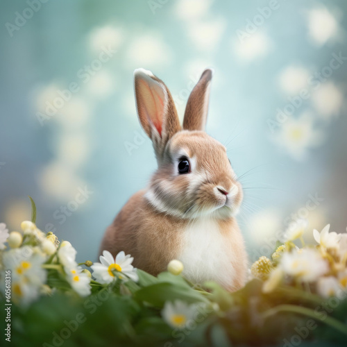 Adorable Spring Bunny in Floral Wonderland, Photo Art Created with Generative AI and Other Techniques © Qstock